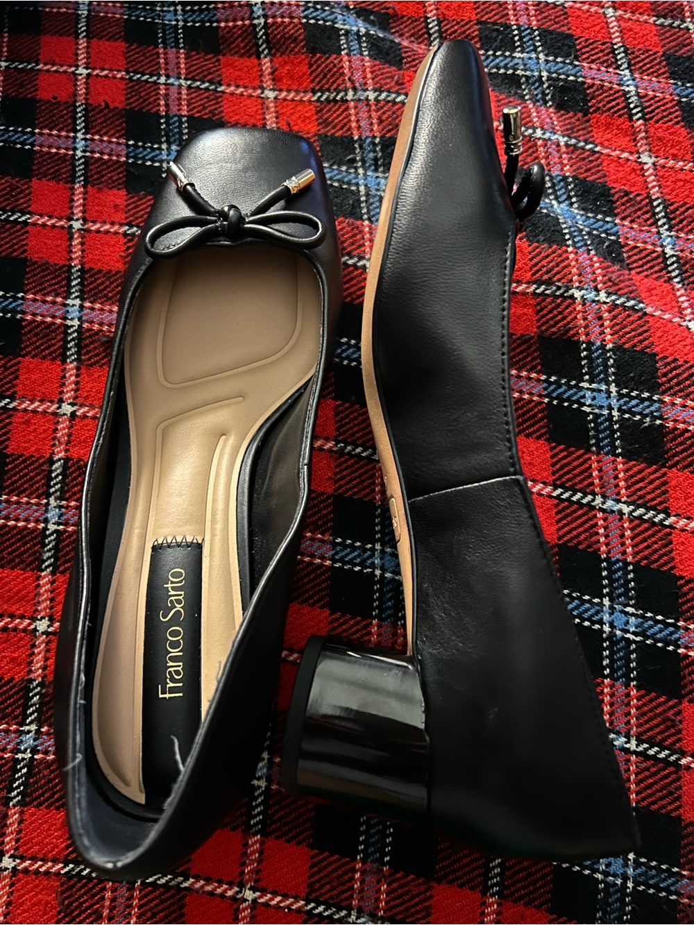 Franco Sarto Black Leather Bow Block Heel Flats